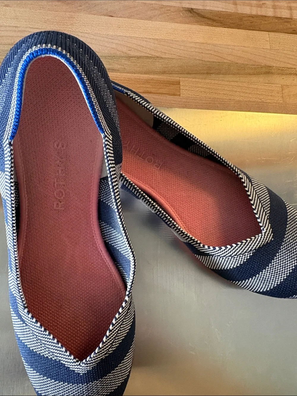 Rothy's Navy Blue and White Striped Ballet Flats with Rust Insole - Picture 1 of 5